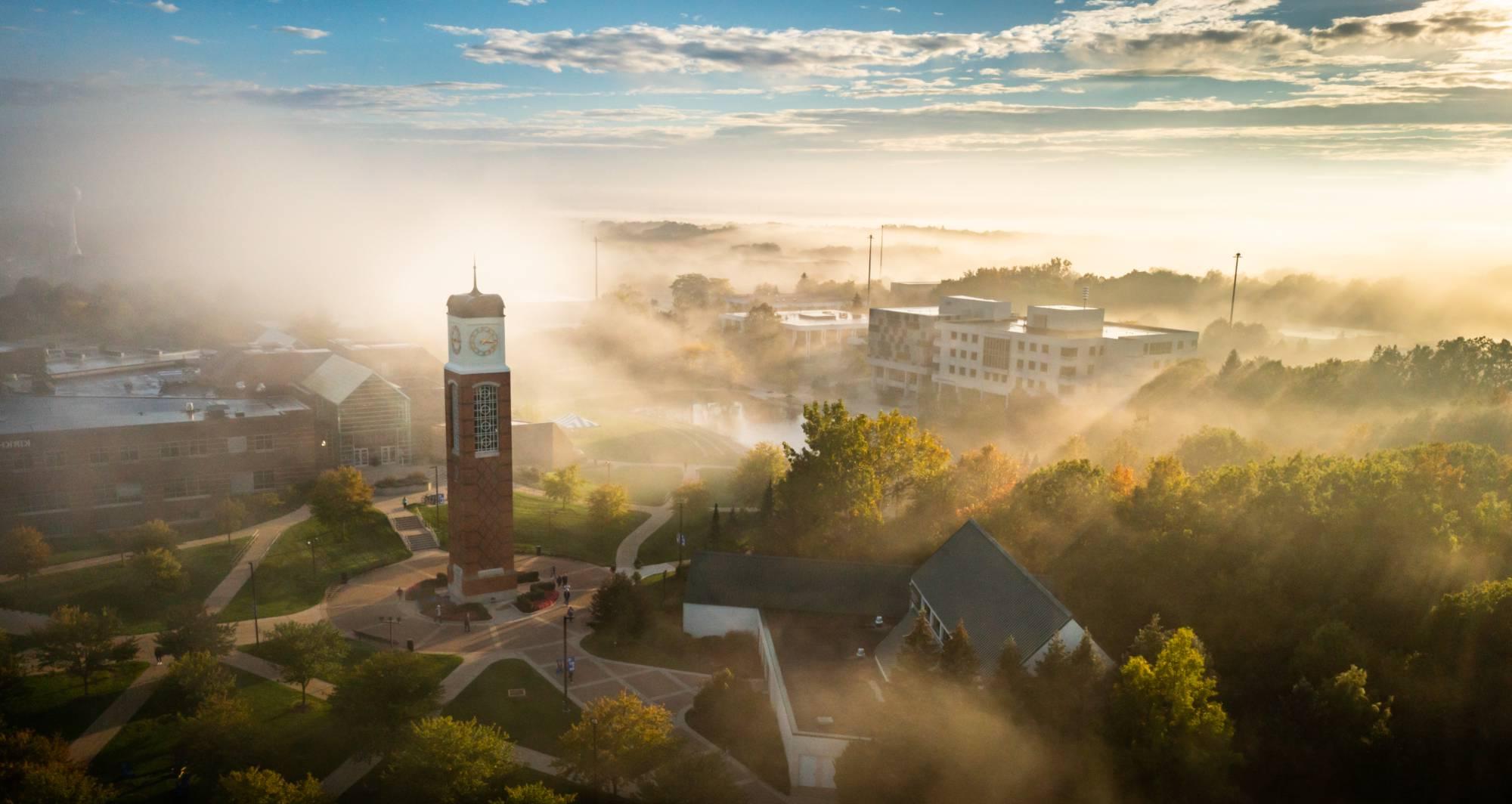 Grand Valley Allendale campus; drone shot foggy